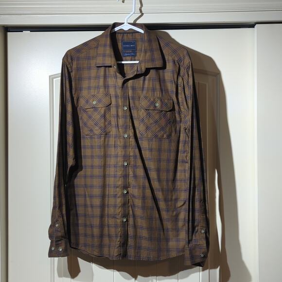 Stitch Note Brown Navy Plaid 100% Egyptian Cotton Button Up Casual Shirt Sz M - Picture 1 of 9